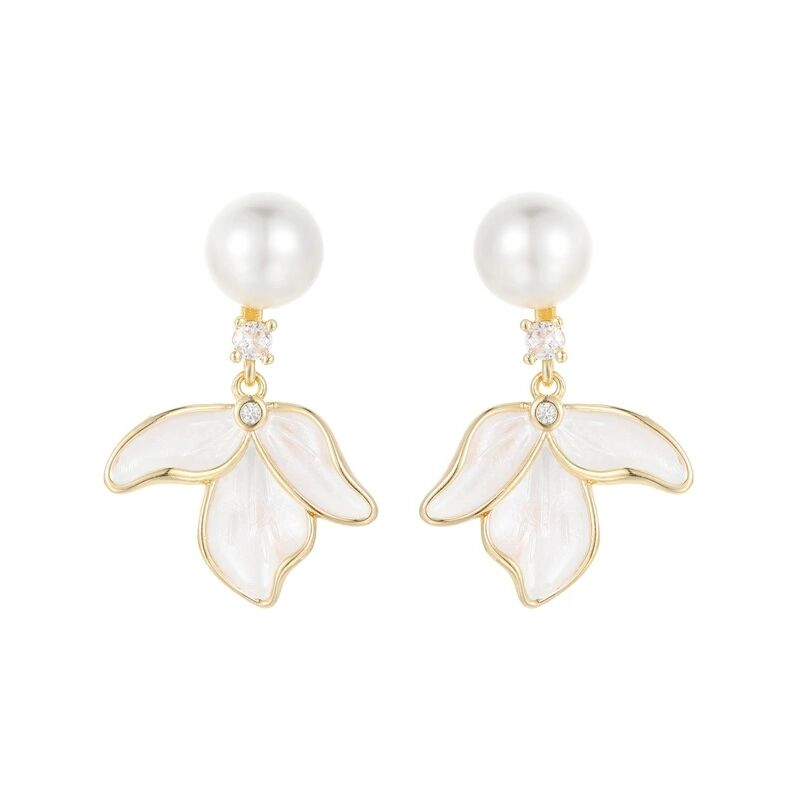 quality Jiexing Fashion 925 Silver Needle Studs 14k Plated Gold Enamel Pearl Flower Leaf Zircon Women's Jewelry Earrings factory