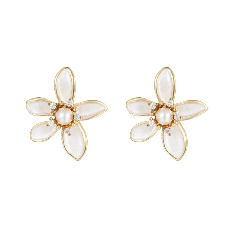 quality Jiexing Fashion 925 Silver Needle Studs 14k Plated Gold Enamel Pearl Flower Leaf Zircon Women's Jewelry Earrings factory
