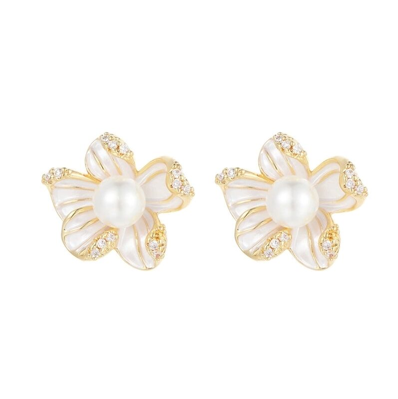 quality Jiexing Fashion 925 Silver Needle Studs 14k Plated Gold Enamel Pearl Flower Leaf Zircon Women's Jewelry Earrings factory