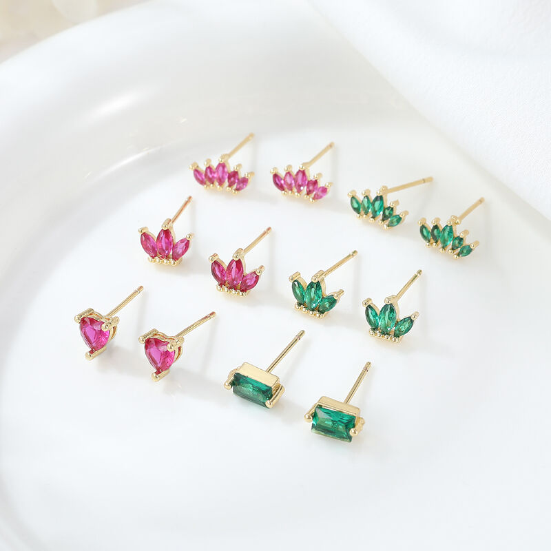 quality Custom 14K Gold Plated Brass Mini Cubic Zirconia Red Heart Stone Diamond Stud Earrings Jewellery Wholesale for Women factory