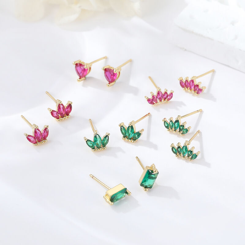 quality Custom 14K Gold Plated Brass Mini Cubic Zirconia Red Heart Stone Diamond Stud Earrings Jewellery Wholesale for Women factory