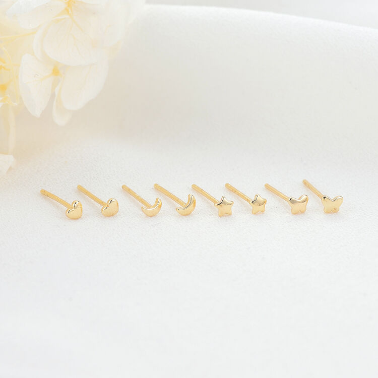 quality Wholesale 14K Gold Plated Brass Fashion Small Stud Earring in Star Butterfly Heart and Moon Shapes Jewelry Earrings factory
