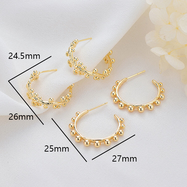 quality Wholesale 14K Gold Plated C Shaped Half Circle Women's Jewelry Earrings Vine Round Ball Beads Fashion Studs Earring factory