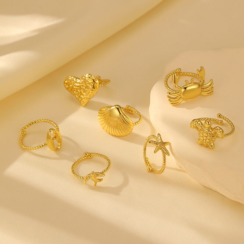 quality Fashion New Design Brass Plated 14K Gold Ocean Series Adjustable Ring Starfish Crab Turtle Conch Open Ring factory