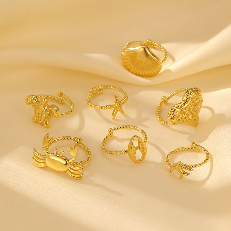 quality Fashion New Design Brass Plated 14K Gold Ocean Series Adjustable Ring Starfish Crab Turtle Conch Open Ring factory
