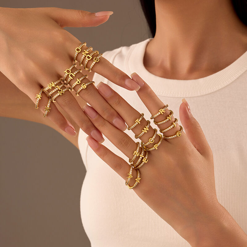 quality Brass Fashion English Alphabet Ring 14K Gold Zircon Open Ring Jewelry Diy Adjustable Letter A-Z Ring factory