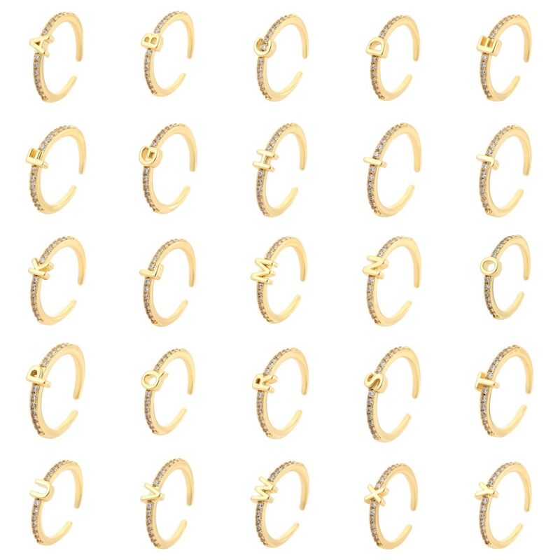 quality Brass Fashion English Alphabet Ring 14K Gold Zircon Open Ring Jewelry Diy Adjustable Letter A-Z Ring factory