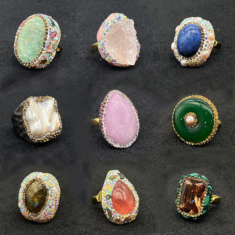 quality Hot Sale New 18K Gold Plated Baroque Natural Pearl Ring Pink Glitter Stone Finger Ring Jewelry for Women factory