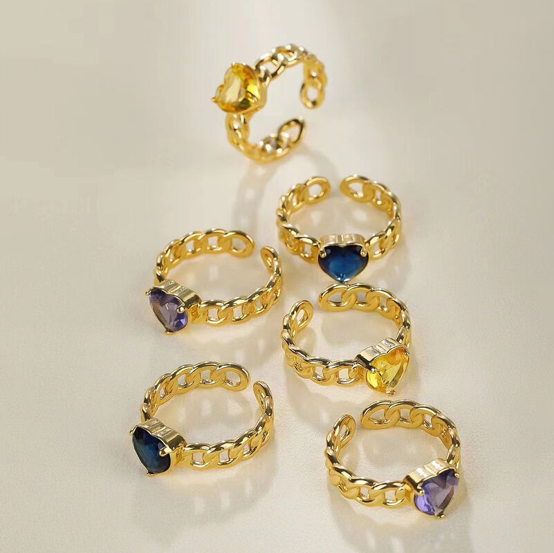 quality Factory Trendy Finger Rings 14K Gold Plated Adjustable Cuban Chain  Micro Set Heart Zircon Opening Ring factory