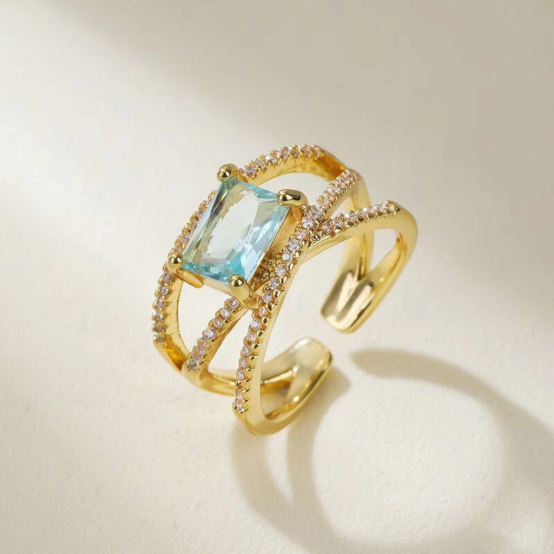 quality Jiexing Trendy Finger Rings 14K Gold Plated Adjustable Blue Hollow Zircon Finger Ring Women Jewelry factory