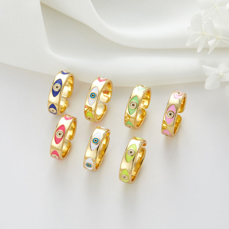 quality Fashion 14k Adjustable for Women Color Enamel Dainty Turkish Evil Eye Ring Colorful Gold Plated factory