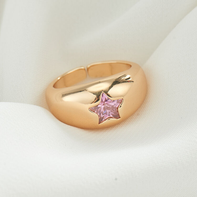quality Trendy New Design Women 14K Gold Plated Smooth Chunky Pink Star Cubic Zirconia Diamond Evil Eye Ring factory