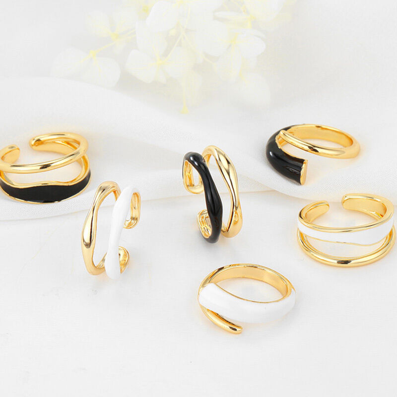 quality Fashion 14K Gold Plated Adjustable Ring With Geometric Enamel Black and White Women's Open Jewelry Rings factory