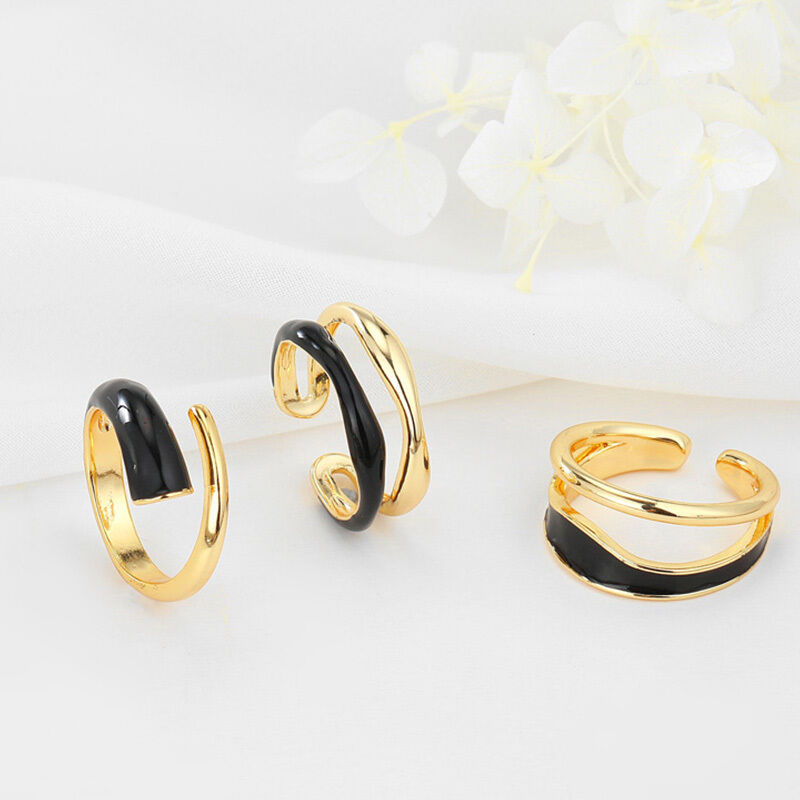quality Fashion 14K Gold Plated Adjustable Ring With Geometric Enamel Black and White Women's Open Jewelry Rings factory