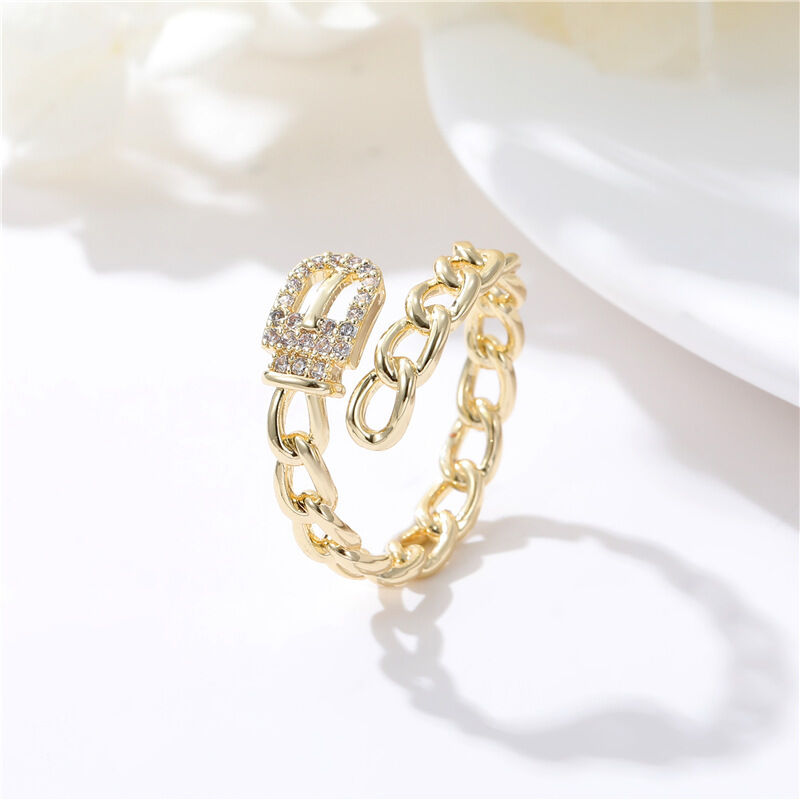 quality Jiexing Trendy Finger Rings 14K Gold Plated Adjustable Fashion OL Color Zirconia Minimalist Love Belt Opening Ring factory