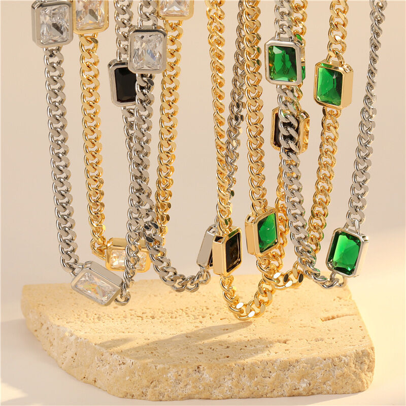 quality High Quality Jewelry 14K Gold Plated Brass Men and Women Gold Plated Palladium Cuban Chain Green White Black Zircon Necklace factory