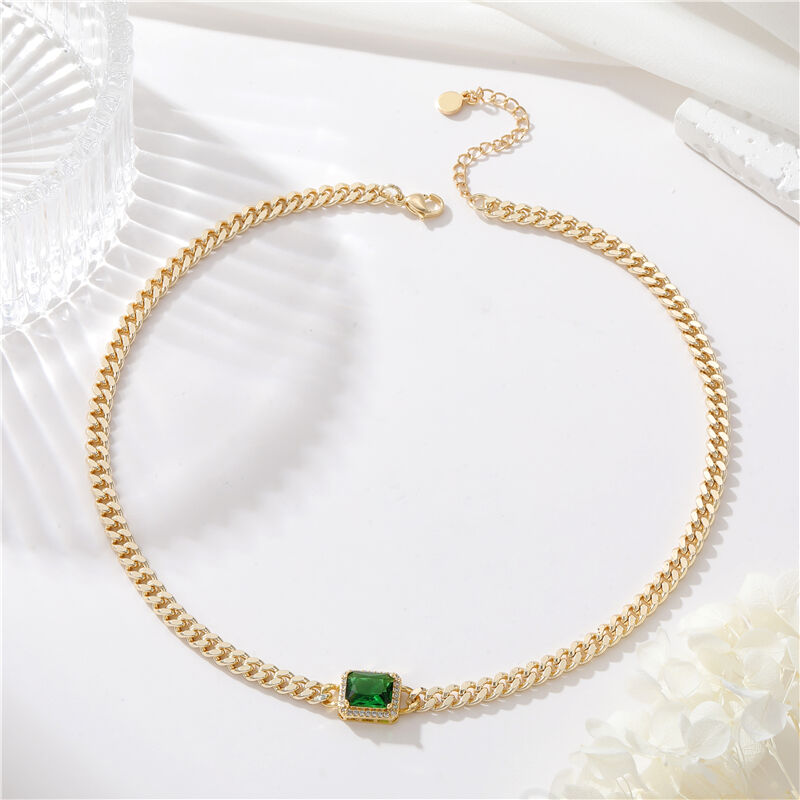 Quality Jiexing Fashion Jewelry Necklaces for Women Brass Cuban Chain Green Zirconia 14K Gold Plated High Quality factory