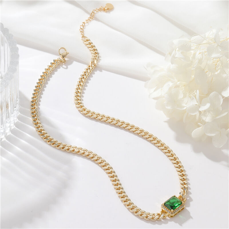 Quality Jiexing Fashion Jewelry Necklaces for Women Brass Cuban Chain Green Zirconia 14K Gold Plated High Quality factory