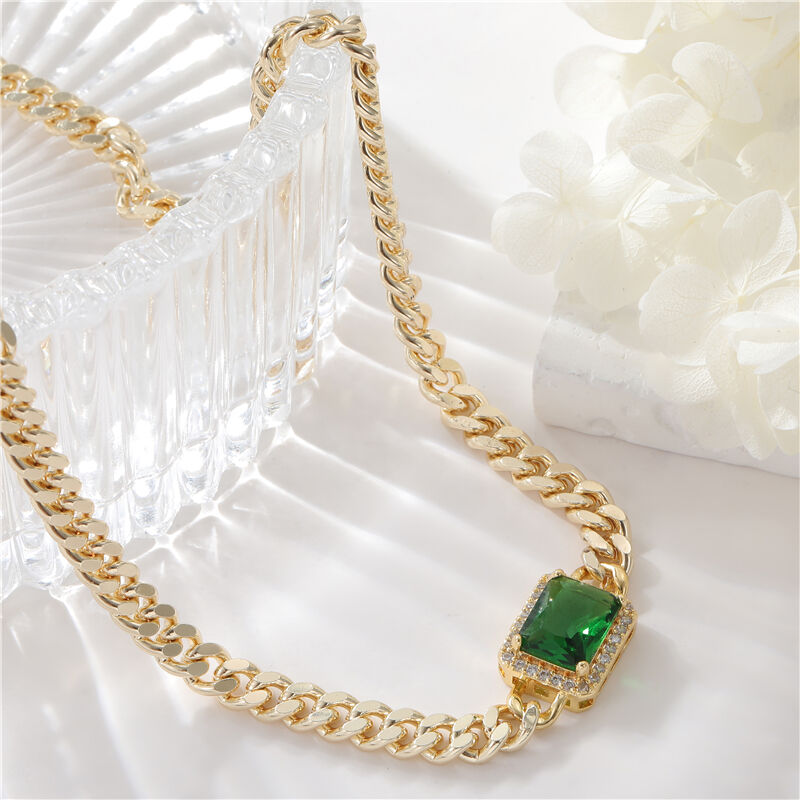 Quality Jiexing Fashion Jewelry Necklaces for Women Brass Cuban Chain Green Zirconia 14K Gold Plated High Quality factory