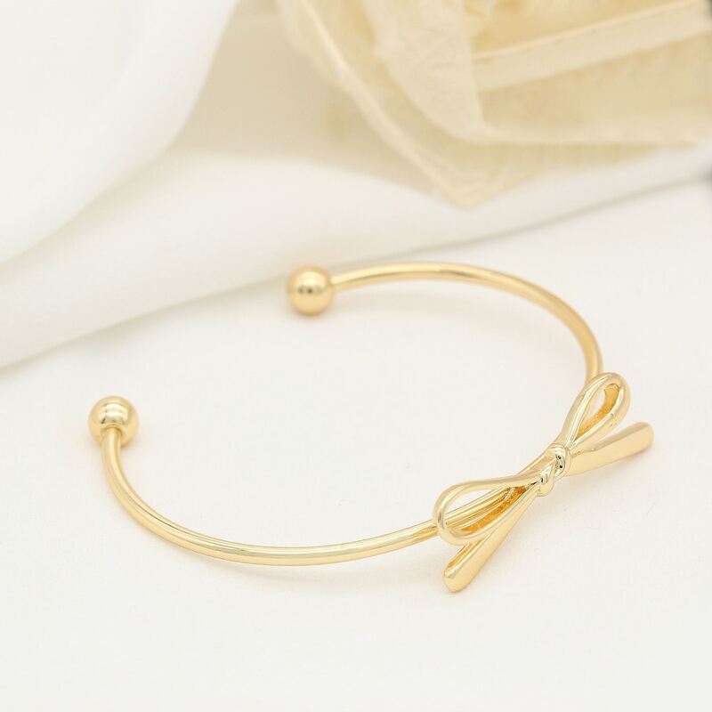 quality Factory Wholesale Fashion Jewelry Bracelet Brass 14K Gold Plated Bow Knot Opening Cuff  Bangle for Ladies factory