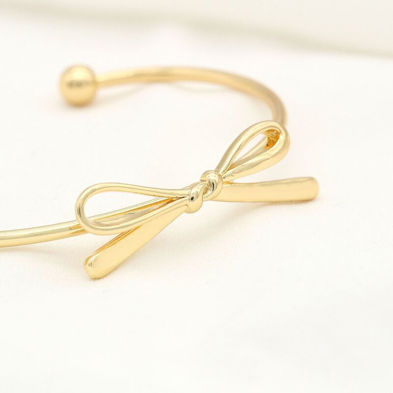 quality Factory Wholesale Fashion Jewelry Bracelet Brass 14K Gold Plated Bow Knot Opening Cuff  Bangle for Ladies factory