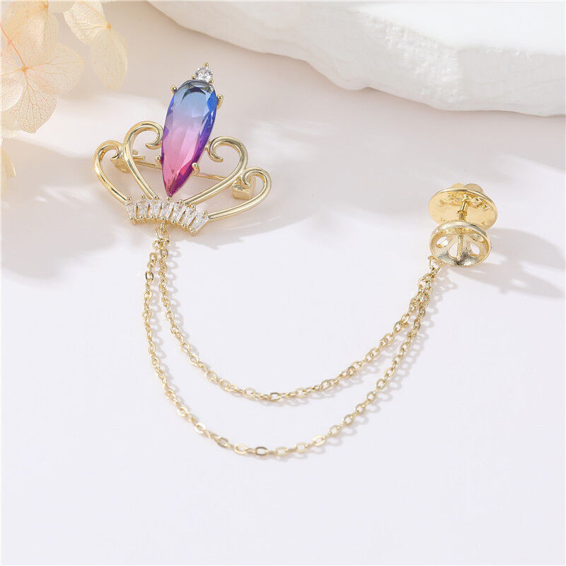 quality Factory Wholesale Brass Fashionable Highend Zircon Crown Brooch With Chain Retro Highend Suit Sweater Dress Skirt Accessories factory