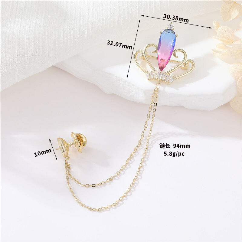 quality Factory Wholesale Brass Fashionable Highend Zircon Crown Brooch With Chain Retro Highend Suit Sweater Dress Skirt Accessories factory