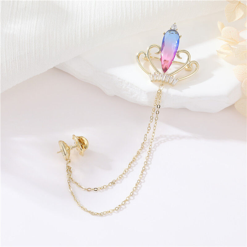 quality Factory Wholesale Brass Fashionable Highend Zircon Crown Brooch With Chain Retro Highend Suit Sweater Dress Skirt Accessories factory