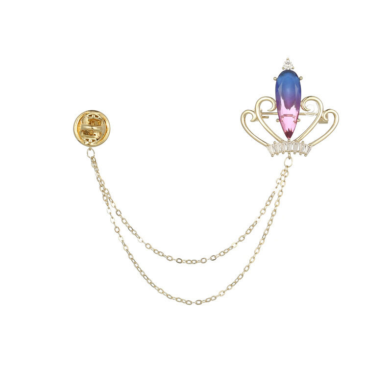 quality Factory Wholesale Brass Fashionable Highend Zircon Crown Brooch With Chain Retro Highend Suit Sweater Dress Skirt Accessories factory