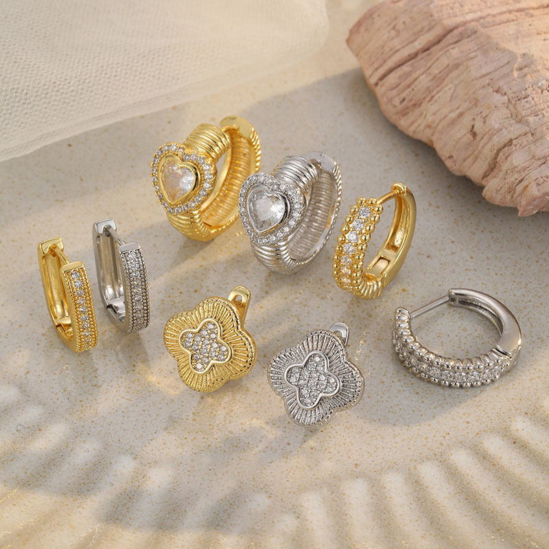 Quality New Arrival Full Rhinestone Heart Clover Hoop Earrings for Women 14K Gold Plated Fashion Jewelry Trendy Cross Huggie Earrings factory