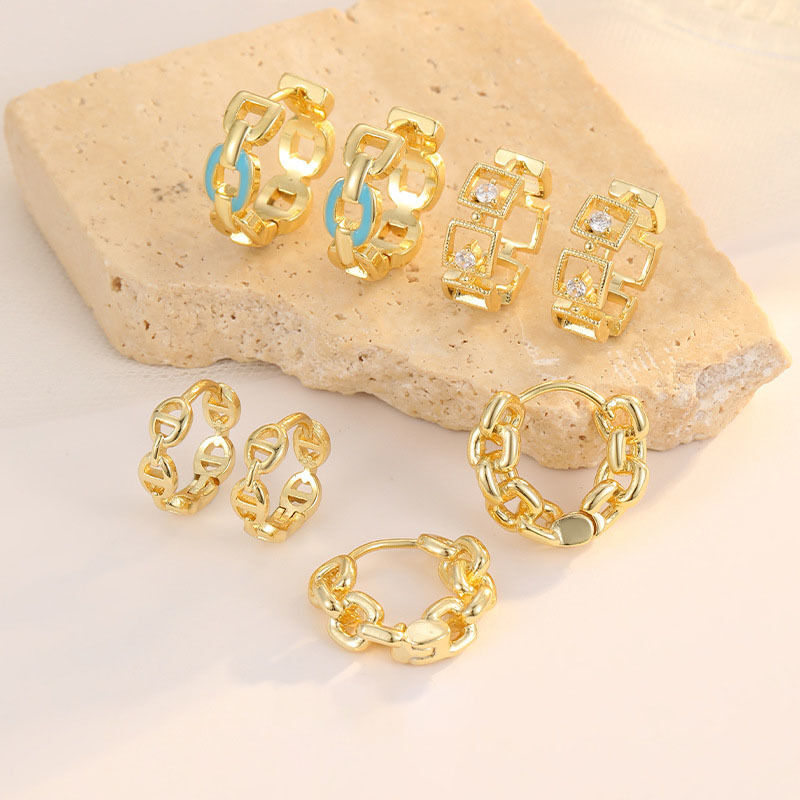 Quality Fashion Chain Link Geometric Huggie Earrings Brass Enamel 14K Gold Plated Hypoallergenic Hoop Earring for Women Daily Wear Gift factory