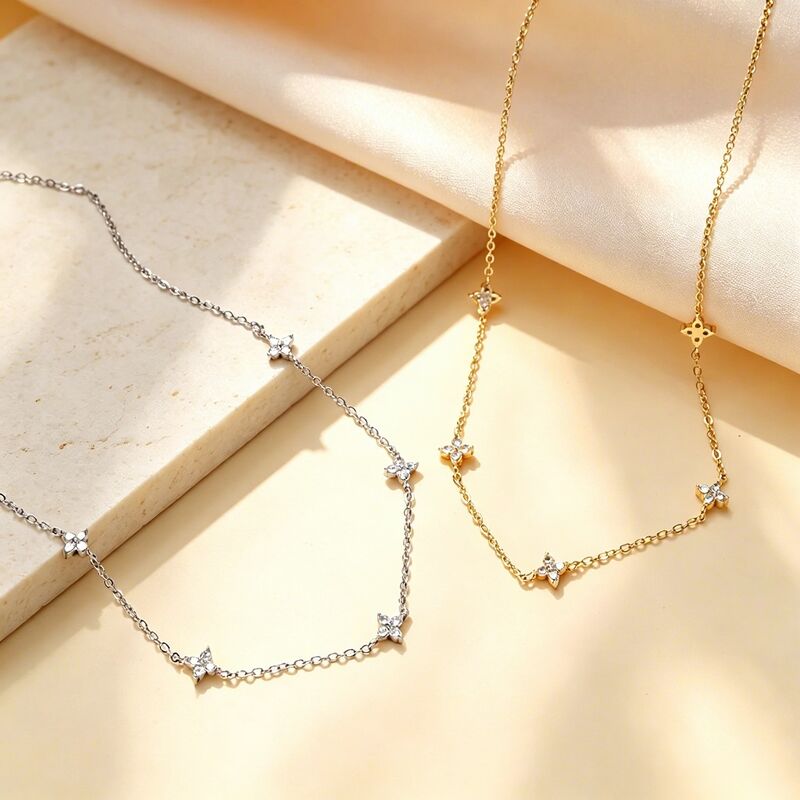 Quality Factory Wholesale Brass14k Gold Silver Plated Dainty Clover Station Cubic Zirconia Four Leaf Clover Collarbone Necklace factory