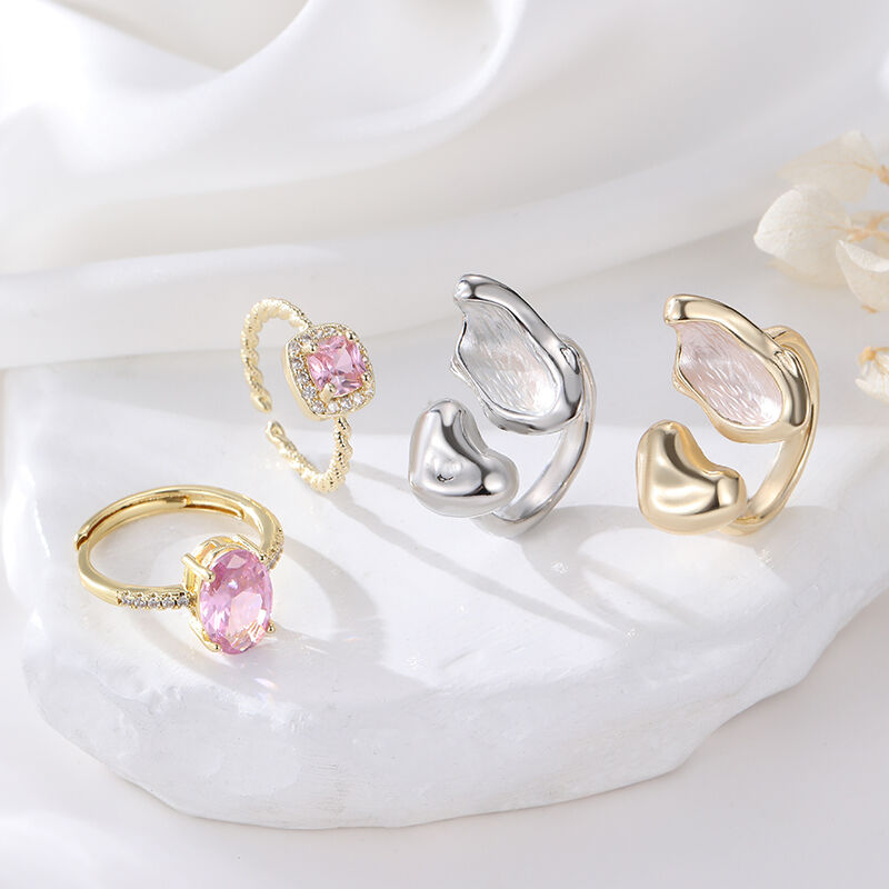 Quality Adjustable Open Rings Set Pink Cubic Zirconia Heart Enamel Rings 14K Gold Silver Plated Finger Rings Fashion Women Jewelry factory