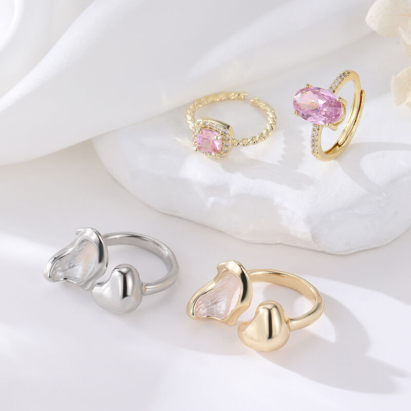 Quality Adjustable Open Rings Set Pink Cubic Zirconia Heart Enamel Rings 14K Gold Silver Plated Finger Rings Fashion Women Jewelry factory