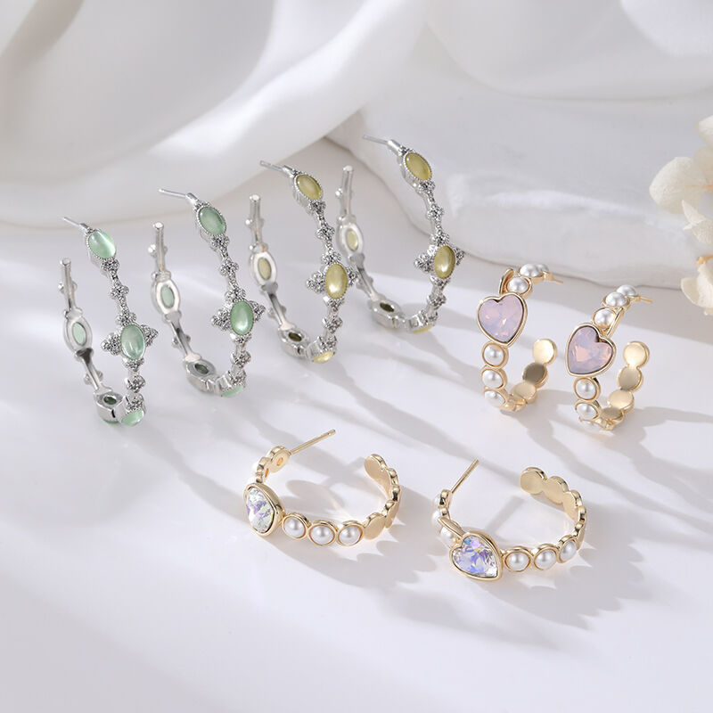 Quality Wholesale Gemstone Pearl Huggie Hoop Earrings Women Vintage 14K Gold Silver Plated Zircon Heart Oval  C Shaped Hoop Earrings factory