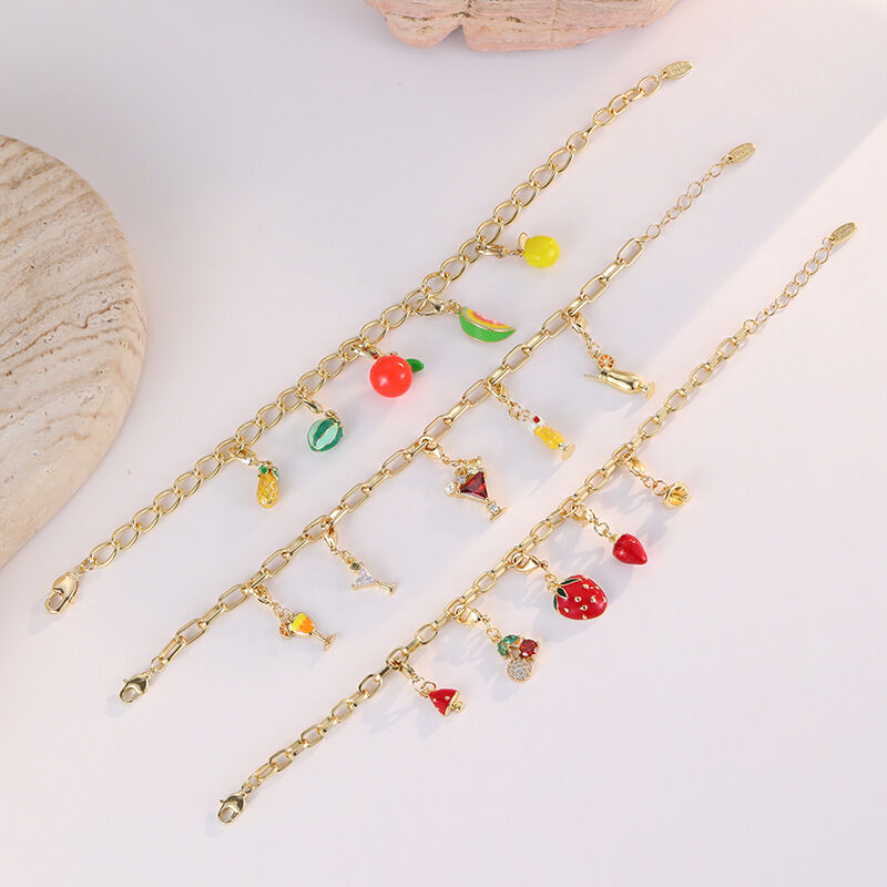Quality Trendy 14K Gold Plated Brass Summer Beach Style Mixed Fruit Cocktail Colorful Enamel Charm Bracelets Wristband Party Accessories factory