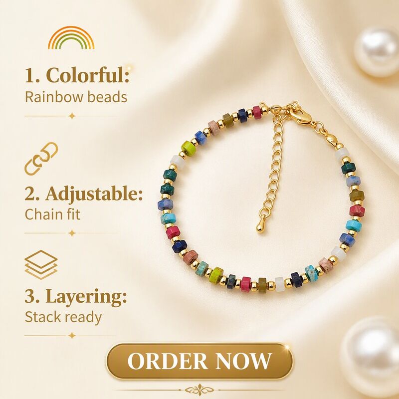 Quality Vintage Boho Style Multi Color Natural Gemstone Beaded Bracelet Brass 14K Gold Plated Adjustable Holiday Fashion Bracelet factory