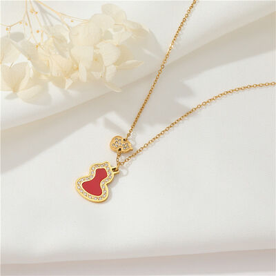 quality 18K Vacuum Electroplated Stainless Steel Women's Necklace Micropaved Zircon Double Gourd Necklace Stainless Steel Jewelry factory