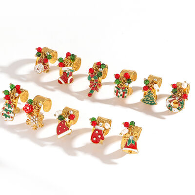 quality Fashion Popular Stainless Steel Enamel Christmas Tree Stocking Reindeer Snowflake Jewelry Rings 18k Gold Plated Adjustable Ring factory