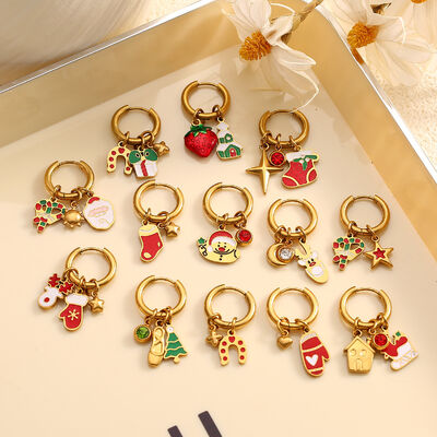 quality Stainless Steel 18K Gold Plated Christmas Series Design Hoop Earring Cute Santa Claus Christmas Tree Charms Jewelry Earrings factory