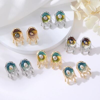 quality Fashion 14K Plate Gold French Retro Baroque Natural Pearl Earrings Enamel Monet Garden Style Studs Jewelry Gift factory