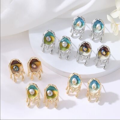 quality Fashion 14K Plate Gold French Retro Baroque Natural Pearl Earrings Enamel Monet Garden Style Studs Jewelry Gift factory