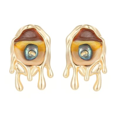 quality Fashion 14K Plate Gold French Retro Baroque Natural Pearl Earrings Enamel Monet Garden Style Studs Jewelry Gift factory