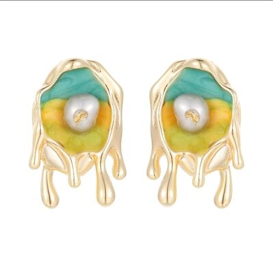 quality Fashion 14K Plate Gold French Retro Baroque Natural Pearl Earrings Enamel Monet Garden Style Studs Jewelry Gift factory