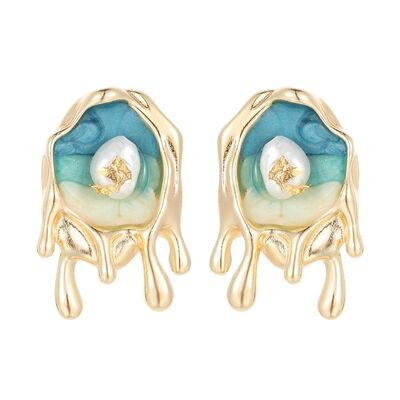 quality Fashion 14K Plate Gold French Retro Baroque Natural Pearl Earrings Enamel Monet Garden Style Studs Jewelry Gift factory