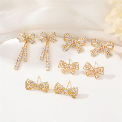 Quality Factory Wholesale Fashion 14K Gold Zircon Pearl Women's Bow Tassel Pendant Studs Earrings DIY Earring Accessories factory