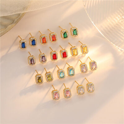 Quality Fashion 14K Gold-Plated Zircon Earrings Square Zircon Studs 925 Silver Needle Anti Allergic Earring factory