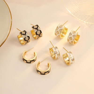 Quality Hot Selling Fashion White Black Enamel Zircon Flower Earring Half Circle C Shaped Silver Needle Women's Clover Studs Earrings factory