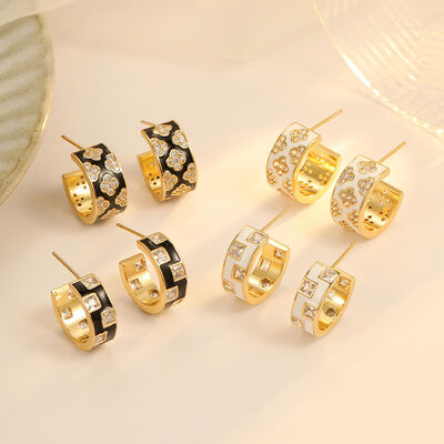 Quality Hot Selling Fashion White Black Enamel Zircon Flower Earring Half Circle C Shaped Silver Needle Women's Clover Studs Earrings factory