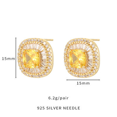 quality Wholesale Orange Zircon High Quality Jewelry Earrings Trendy Brass Square CZ Stud Earrings 14K Gold Silver Plating for Women factory